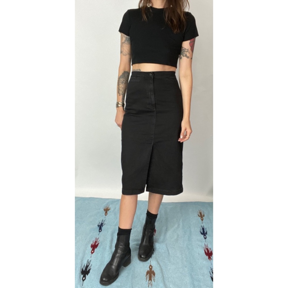 High Rise Midi Jean Pencil Skirt in Washed Black